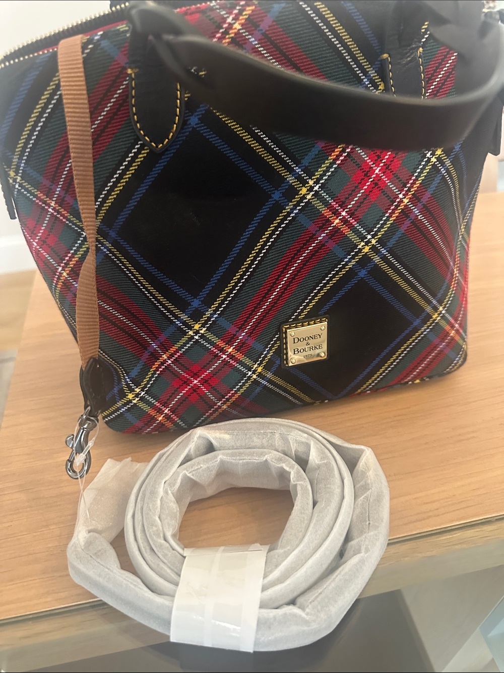 Dooney & Bourke Black Tartan Plaid Satchel with Red & Blue Accents - Picture 4 of 5